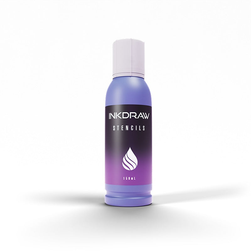 A 150ml bottle of INKDRAW Stencils ink with a purple and black gradient label, featuring the INKDRAW logo and a white drop icon.