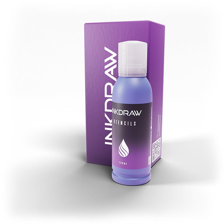  A 150ml bottle of INKDRAW Stencils ink with its accompanying purple packaging box.