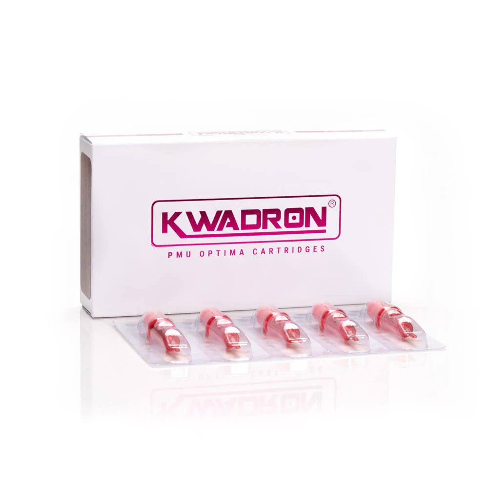 Close-up of Kwadron Optima - Round Liner PMU Cartridges box. Precision-engineered for permanent makeup artists, these cartridges ensure smooth, crisp lines with every use. Available across Canada and the USA